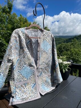 Boutique Quilted Tunic Jacket in Light Blue, Cream, Tan Accents